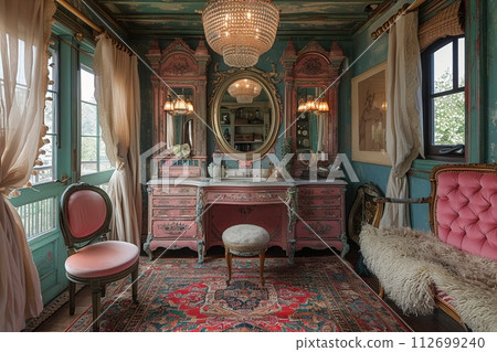 AI-generated content. Glamorous dressing room with a vintage vanity and soft 112699240
