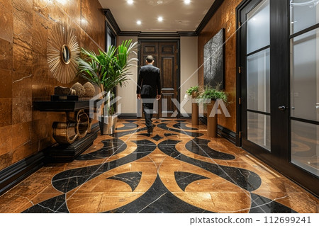 AI-generated content. Art Deco-inspired entryway with bold geometric patterns and metallic finishes 112699241