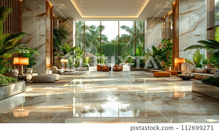AI-generated content. Lavish hotel lobby with marble floors lush plants 112699271