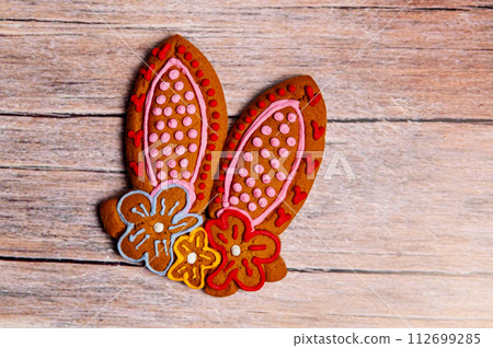 Easter gingerbread cookie on  wooden table. Cookies for Easter 112699285