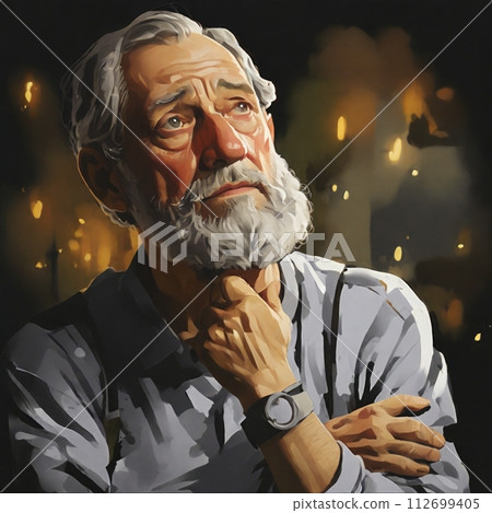 一位老人用手托著下巴思考 112699405