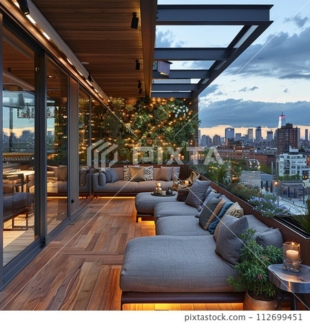 AI-generated content. Contemporary rooftop terrace with comfortable lounging areas and city views 112699451