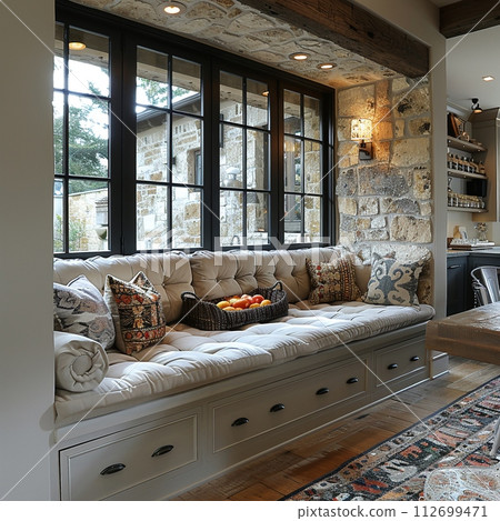 AI-generated content. Cozy breakfast nook with a built-in bench and natural light 112699471