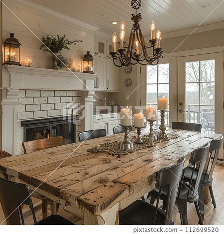 AI-generated content. Warm and inviting dining room with a rustic farmhouse table and candle chandelier 112699520
