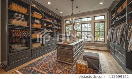 AI-generated content. Spacious walk-in closet with custom shelving and an island dresser 112699551