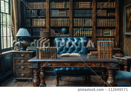 AI-generated content. Vintage-inspired study with leather-bound books and a classic writing desk 112699571