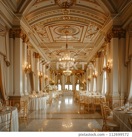 AI-generated content. Regal ballroom with ornate details high ceilings 112699572