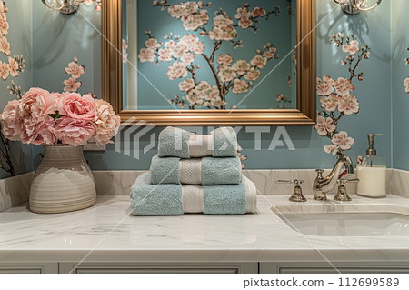 AI-generated content. Elegant powder room with floral wallpaper and antique mirror 112699589