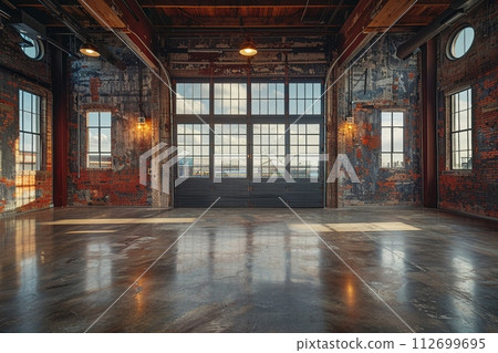 AI-generated content. Industrial chic event space with raw textures and flexible layouts 112699695