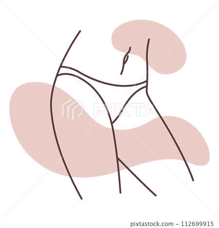 Female body. Sensual woman. Body positivity, self love, femininity concept. Character wears underwear, panties. Linear flat vector illustration on white background Female body. Sensual woman. Body positivity, self love, femininity concept. Character wears underwear, panties. Linear flat vector illustration on white background 112699915