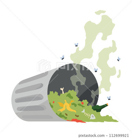 Garbage or waste icon. Metal garbage container with unsorted trash. Rubbish that smells ugly and started to decompose. Ecology and environment concept. Isolated on white background 112699921
