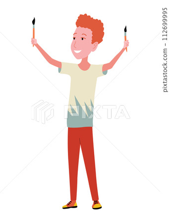 Kid Painting and Drawing with Brushes and Pencils on White Wall Vector Illustration 112699995