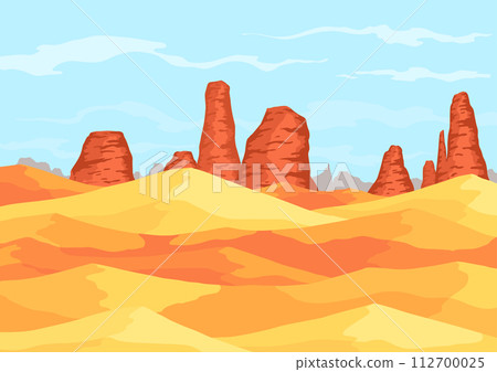 Desert with mountains. Panoramic and outside view on wild nature. Landscape and journey, travel and africa, tourism theme 112700025