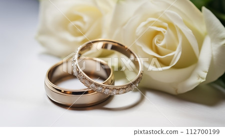 Encrusted rings exchanged sweetly in a tender wedding ceremony, AI Generated Encrusted rings exchanged sweetly in a tender wedding ceremony, AI Generated 112700199