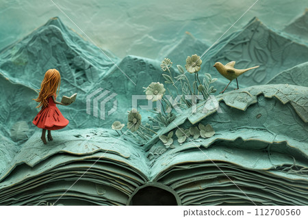 The concept of an open magic book with open pages. The concept of fantasy, nature, or learning. 3d illustration 112700560