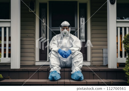 A disinfection service worker in a protective suit and gas mask sits on the porch of the house A disinfection service worker in a protective suit and gas mask sits on the porch of the house 112700561