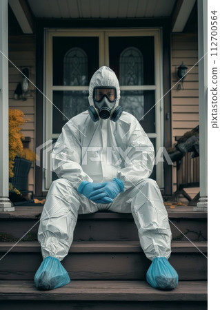 A disinfection service worker in a protective suit and gas mask sits on the porch of the house 112700564