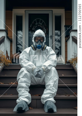 A disinfection service worker in a protective suit and gas mask sits on the porch of the house 112700565