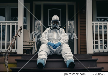 A disinfection service worker in a protective suit and gas mask sits on the porch of the house A disinfection service worker in a protective suit and gas mask sits on the porch of the house 112700572