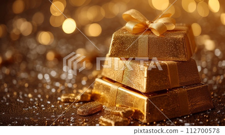 A stack of pure gold bars in gold dust . The concept of business and finance 112700578