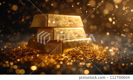 A stack of pure gold bars in gold dust on a black background. The concept of business and finance 112700604