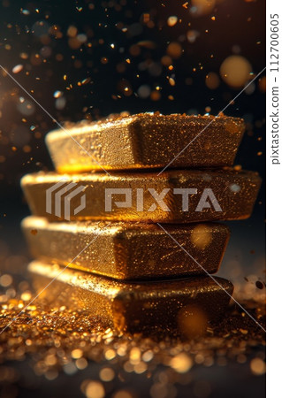 A stack of pure gold bars in gold dust on a black background. The concept of business and finance 112700605
