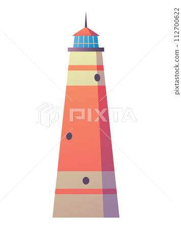 Sea lighthouse tower for nautical navigation. Building isolated on white background. Vector colored flat cartoon illustration Sea lighthouse tower for nautical navigation. Building isolated on white background. Vector colored flat cartoon illustration 112700622