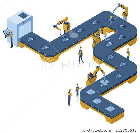 Factory isometric conveyor line. Industrial automated robotic conveyor, production 3d line. Electronic factory assembly line with plant workers. Composition isometric vector illustration Factory isometric conveyor line. Industrial automated robotic conveyor, production 3d line. Electronic factory assembly line with plant workers. Composition isometric vector illustration 112700632