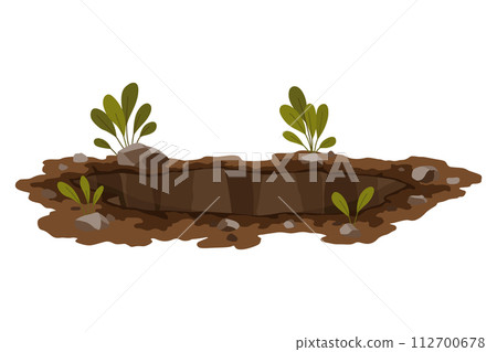 Hole ground. Works digging of sand coal waste rock or gravel. Brown, dry mine element of landscape. Cartoon illustration 112700678