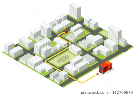 Delivery service isometric vector illustration. Parcel transportation map. Truck delivery. Shipping destination. Logistic and distribution 3d concept. Website, app design 112700679