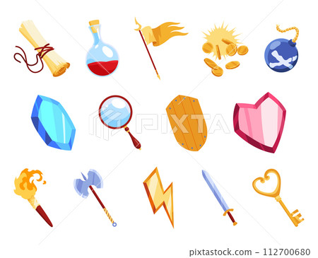 Game icons with heart, lightning, key, gold cup and star. Vector cartoon set of symbols for gui of rpg computer or mobile game, shield, sword, coins, potions and flag 112700680