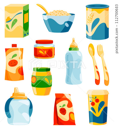 Baby healthy food in jars, bottles and boxes. Kids meal icons set, isolated on white background. Vector flat cartoon illustration of fruit and vegetable puree, porridge, milk and biscuits 112700683