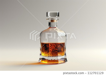 Bottle of premium alcohol, amber color, isolated on white background. A bottle Of Whiskey. A bottle of elite alcohol in amber color, highlighted on a white background 112701129