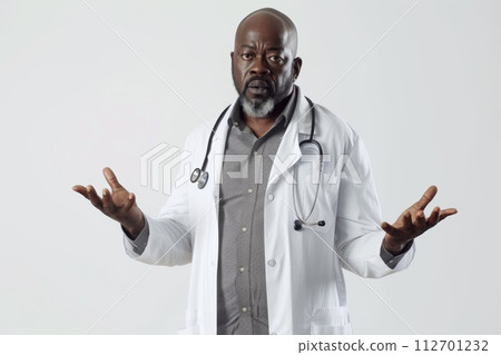An African American internist stands and spreads his arms to the sides on a white background 112701232
