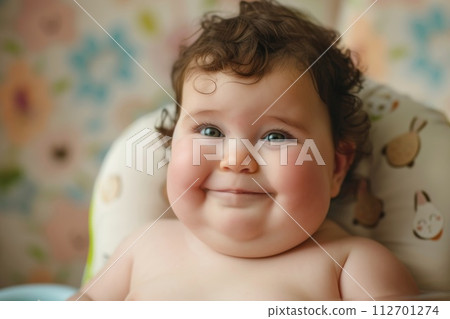 Smiling fat kid sitting on an overweight chair 112701274