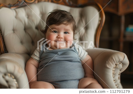 Smiling fat kid sitting on an overweight chair Smiling fat kid sitting on an overweight chair 112701279