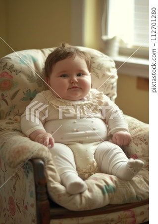 Smiling fat kid sitting on an overweight chair Smiling fat kid sitting on an overweight chair 112701280