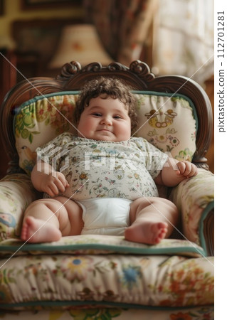 Smiling fat kid sitting on an overweight chair Smiling fat kid sitting on an overweight chair 112701281