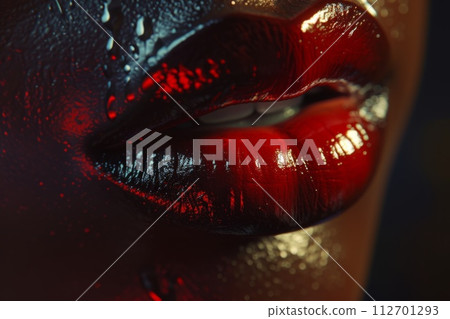 Close-up of beautiful female lips with red lipstick of an African American woman. Fashionable makeup 112701293
