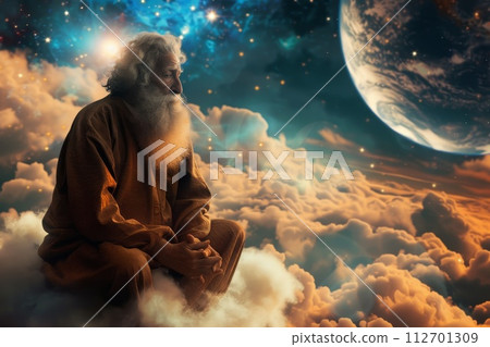 An old man with a beard sitting on a cloud and looking down at the planet Earth. 3d illustration 112701309