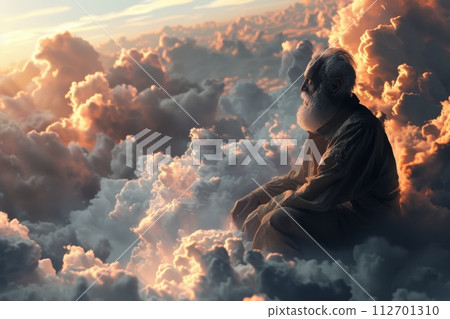 An old man with a beard sitting on a cloud and looking down at the planet Earth. 3d illustration 112701310