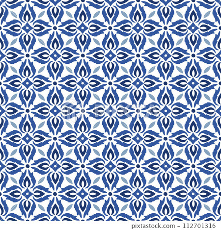 Hand drawn navy blue tile. Vector azulejo pattern. Traditional Lisbon style, Arabic Floral Mosaic. Mediterranean seamless ornament for textile, walpaper, flooring, garment. Decorative illustration. 112701316