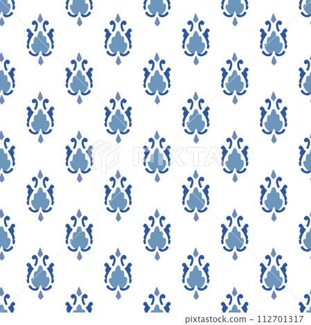 Abstract classic small blue flowers motif pattern, white background. Traditional Indian, Arabic fabric paisley design for dress, shirt. Textile swatch. Fashion garment, silk scarf. Floral block print. 112701317