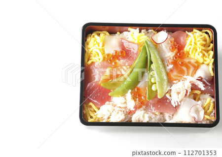 A photo of chirashizushi with various ingredients on a white background A photo of chirashizushi with various ingredients on a white background 112701353