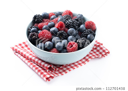 Fresh assortment berries in bowl isolated on white background 112701438