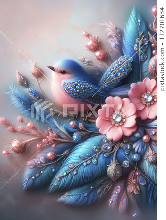 Close-up of a bird with blue and pink feathers made with small shining diamonds, pastel colors Close-up of a bird with blue and pink feathers made with small shining diamonds, pastel colors 112701634