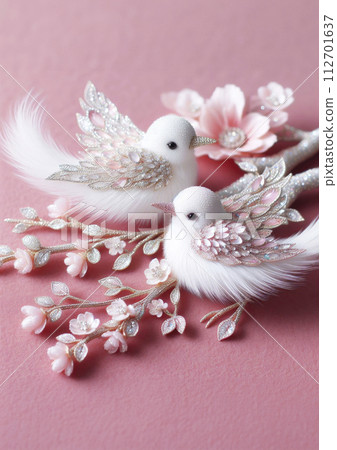 Close-up of a bird with white and pink feathers made with small shining diamonds, pastel colors 112701637