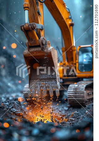 A yellow excavator digs the ground on the street 112701690