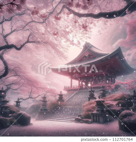 Cherry blossom snowstorm shrine 112701764