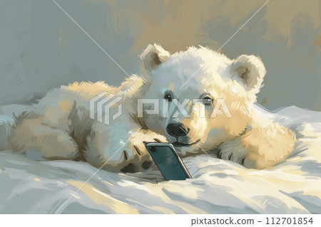 A bear lying on the couch and looking at a smartphone. Illustration A bear lying on the couch and looking at a smartphone. Illustration 112701854